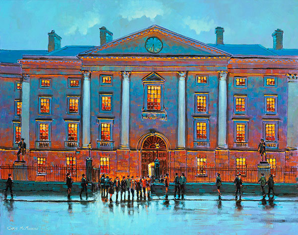  painting of people outside Trinity College
