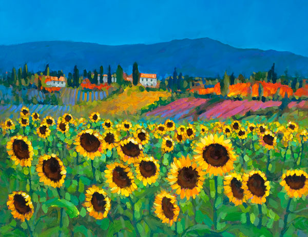 A painting of fields of Sunflowers in Tuscany , Italy