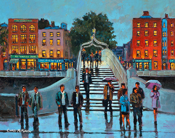 A painting of a crowd waiting at the Halfpenny Bridge