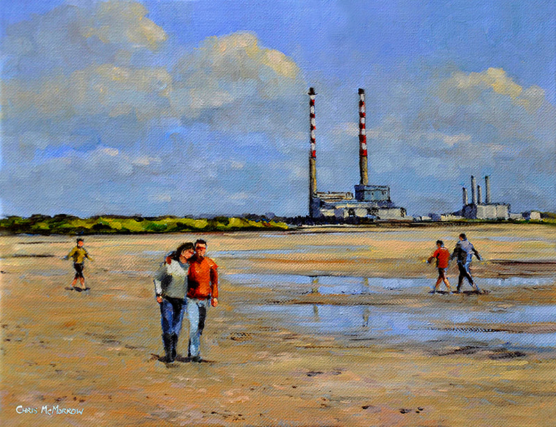 A painting of a couple stroll arm in arm along the shore at Sandymount, Dublin