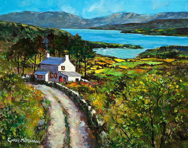 A painting of a cottage by a lake in the West of Ireland