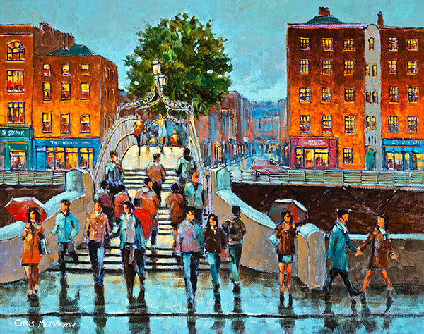 A painting of people on the Ha'Penny bridge, Dublin