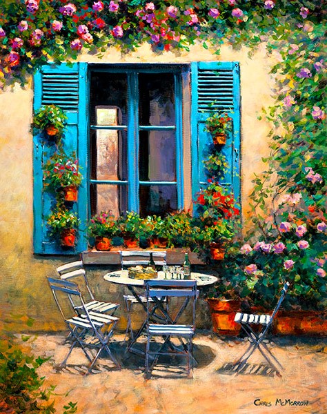 A colourful painting of an outdoor setting in the garden of the House with the Blue Shutters in Provence, France ….. the laden table awaits the guests for an afternoon aperitif