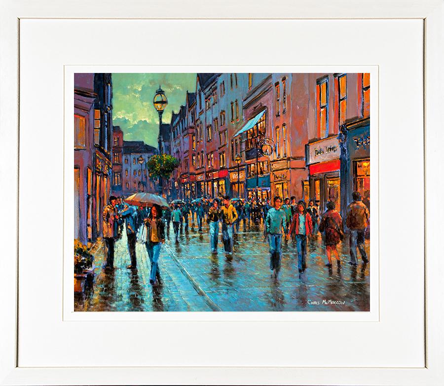 A framed print of a painting of a bustling Grafton Street in Dublin city centre