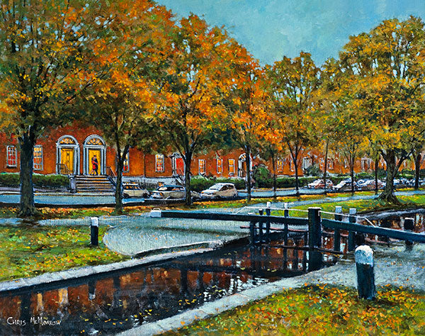 Painting of a couple embracing on the steps by the Grand Canal, Dublin. It's early autumn and the trees and Georgian houses are reflected in the still waters of the canal