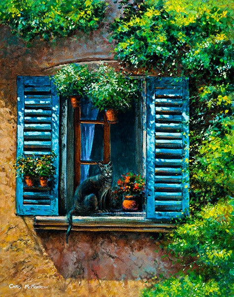 Painting of a cat sitting in the sunshine on a blue shuttered windowsill in Provence, France