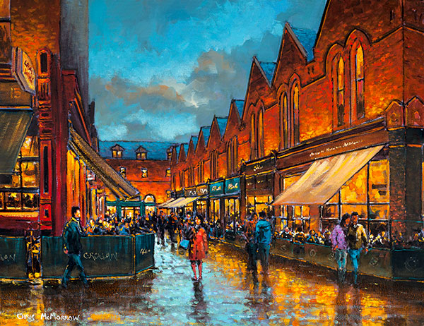 A vibrant painting of reflections on the street from Grogans pub and cafes in Castlemarket, Dublin