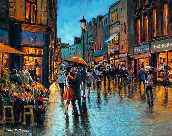 a couple under an umbrella dancing on grafton street, dublin