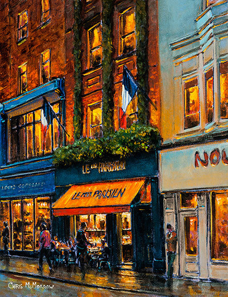 A painting of the picturesque 1920's style French cafe, Le Petit Parisien, on Dublin's Wicklow Street with it's striking orange awning