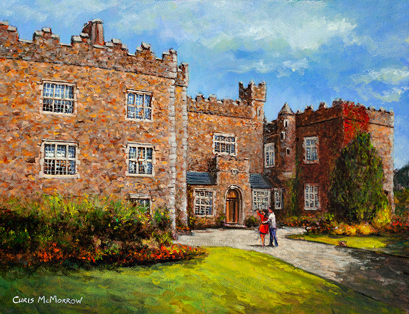 A painting of a young couple outside Waterford Castle Hotel