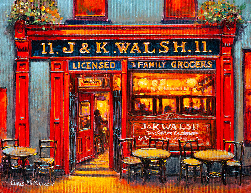 Print of a painting of the front of J&amp;K Walsh pub in Waterford City with tables and chairs ready for customers to stop by for a pint or two.