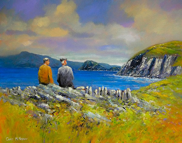 Painting of a father and son sitting on a wall looking out to sea