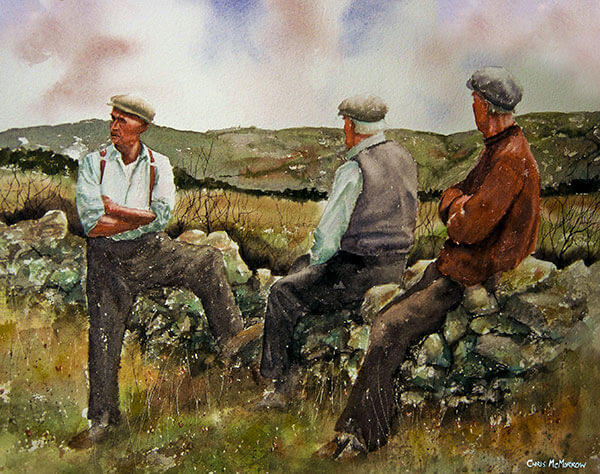 Three men take a break from repairing an old stone wall in Connemara, Ireland.