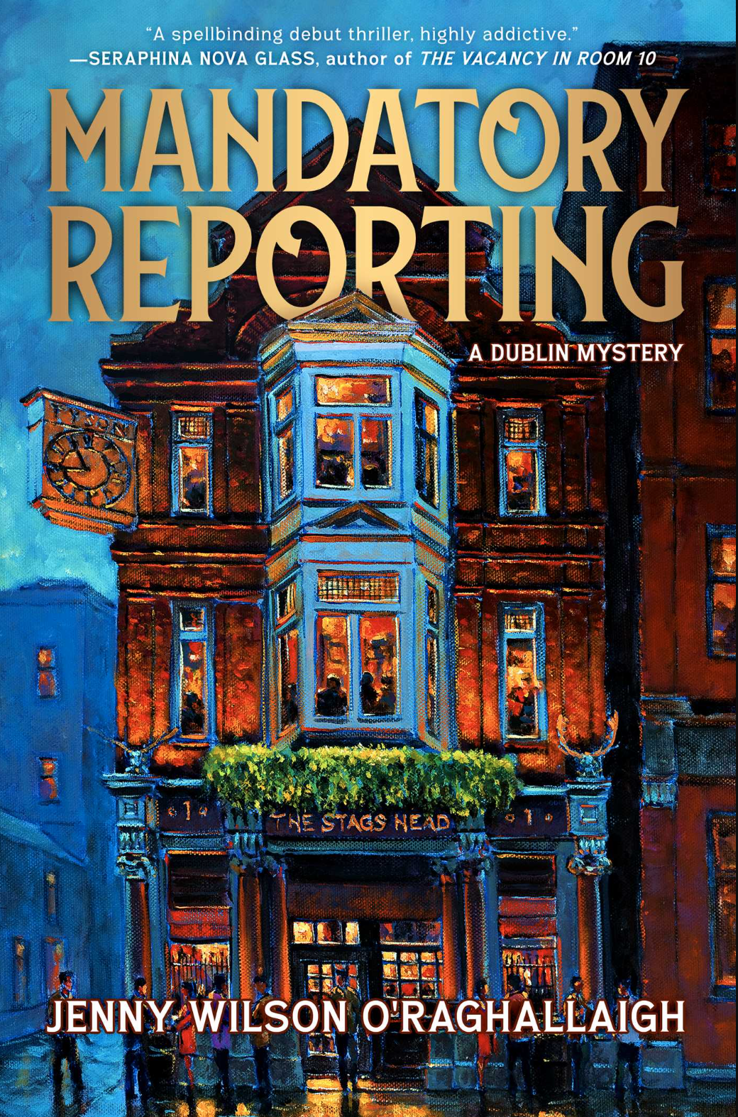 Book cover of novel Mandatory Reporting which features painting of Stags Head Pub by artist Chris McMorrow