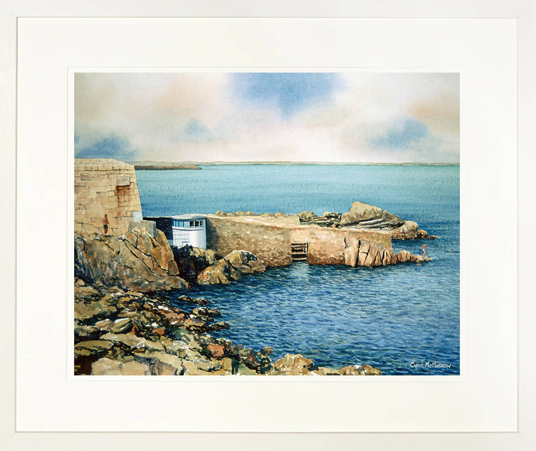 Framed print of a watercolour seascape featuring the Forty Foot diving place in Dublin