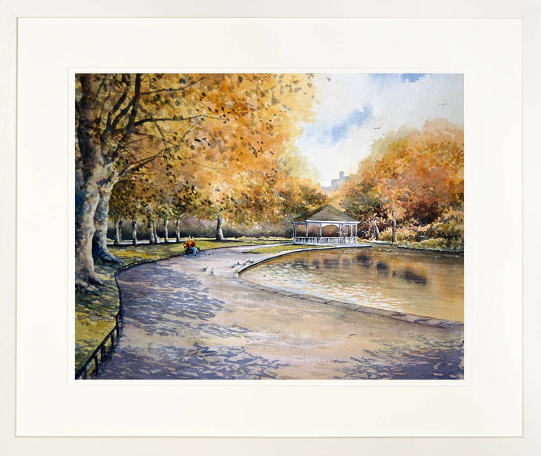 Framed print of a quiet Stephens Green in the Autumn