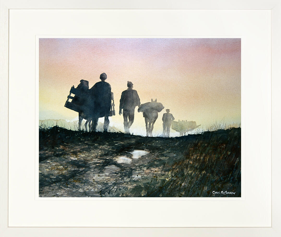 Framed print of a painting showing men with donkeys laden with turf heading home