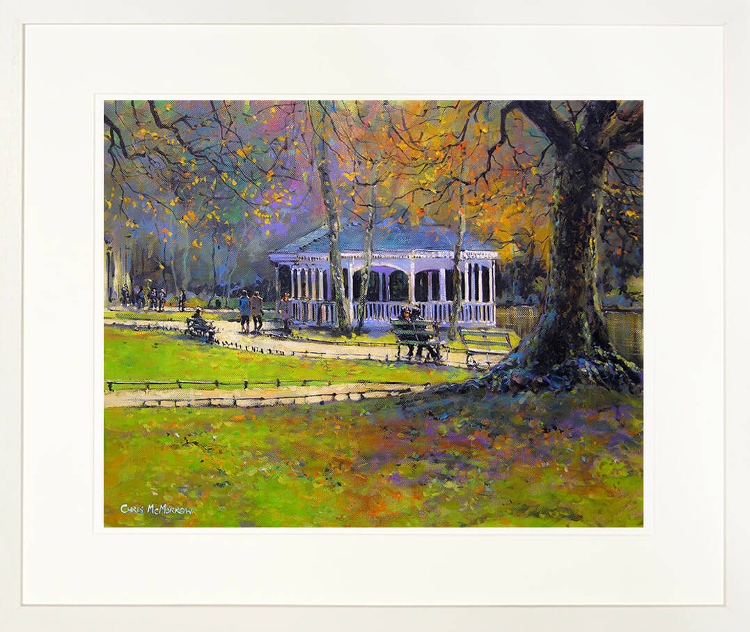 Print of a painting of a scene in St Stephens Green. a couple sit on a park bench, looking out onto the ornamental lake