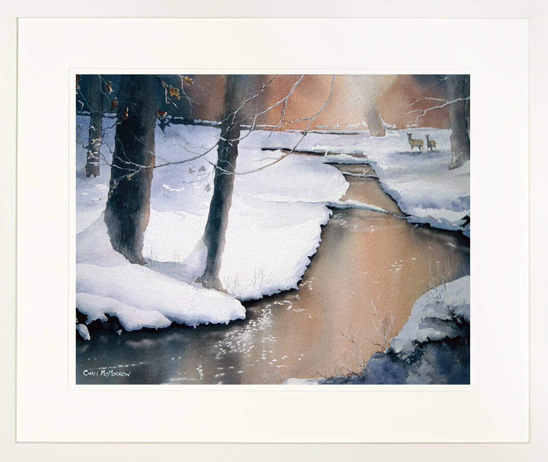 Framed print of a watercolour snow scene in the Irish landscape