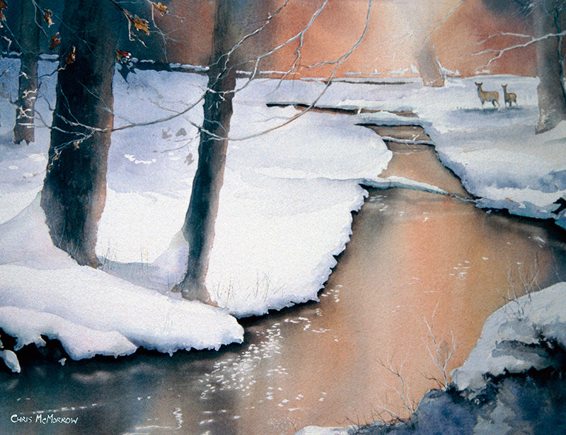 Watercolour painting of deer in a snowy landscape