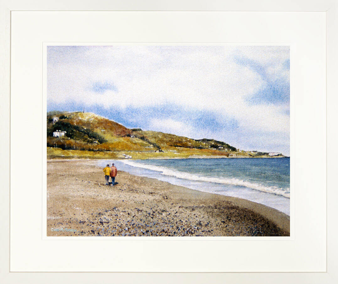 Framed print of a watercolour painting with two people walking along Killiney strand