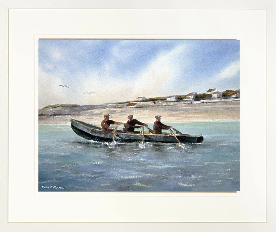 Framed print of three men rowing a currach boat in Ireland