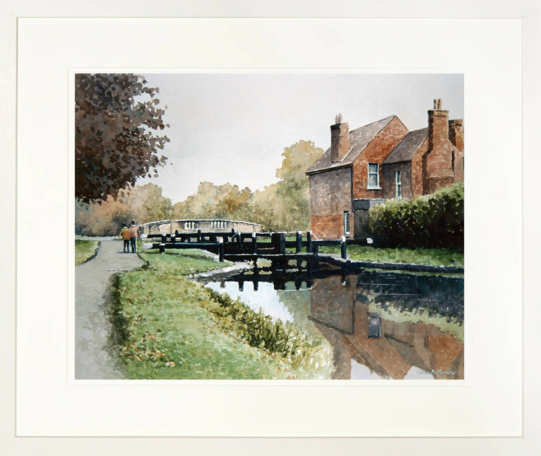 Print of a watercolour of a couple walking along the Grand Canal banks in Dublin