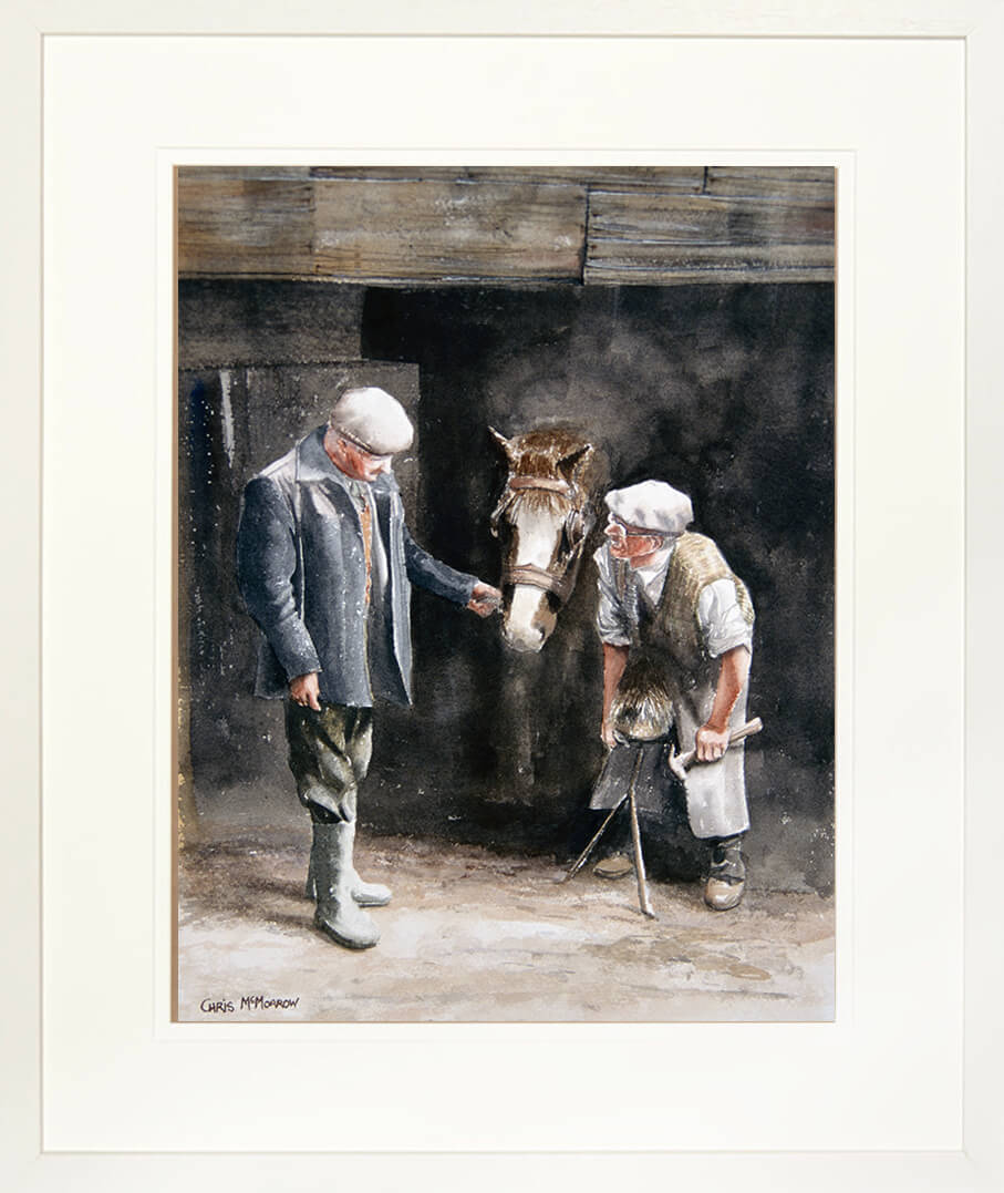 Framed print of a blacksmith tending to a workhorse as its owner looks on