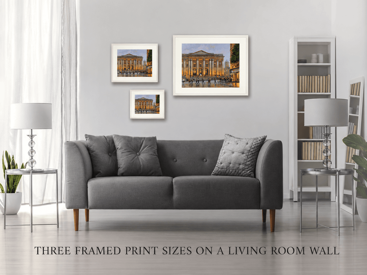Three framed print sizes of City Hall, Dame Street, Dublin on a living room wall