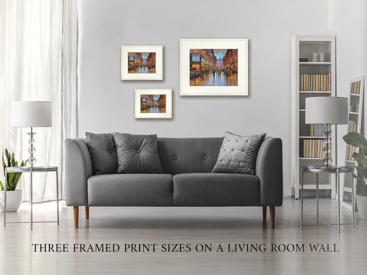 Three framed print sizes of Grafton Street Colour, Dublin on a living room wall