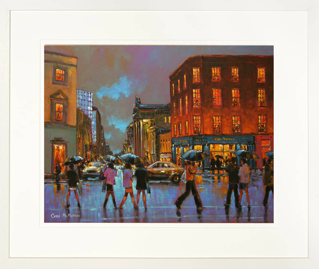 A framed print of a painting of pedestrians waiting to cross Sarsfield street in Limerick