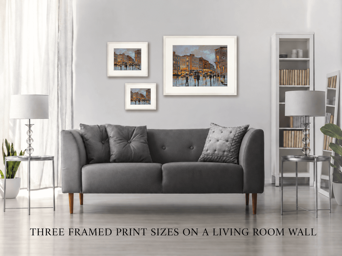 Three framed print sizes of Dame Street Evening, Dublin on a living room wall
