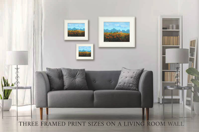Photo of the three print frame sizes on a living room wall