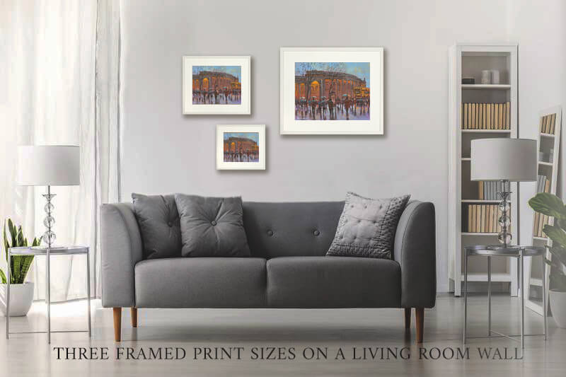 Three sizes of Bank of Ireland print on a wall