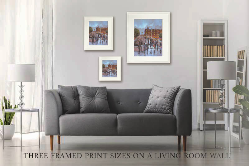 Three Halfpenny Bridge prints on a living room wall