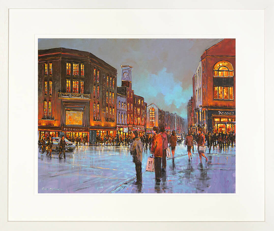 A framed print of an atmospheric painting of a misty afternoon in Limerick city centre