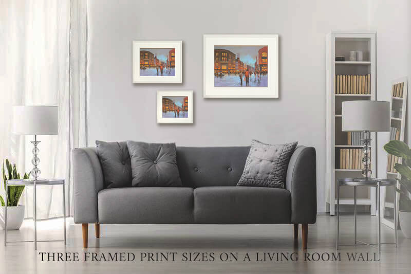 Photo of three versions of the limerick rain print on a wall