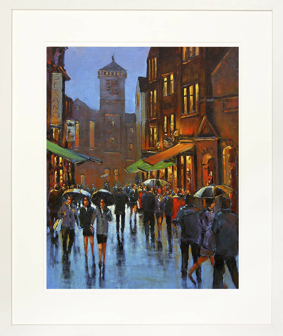 A framed print of a painting of people out shopping on Chapel street, Limerick