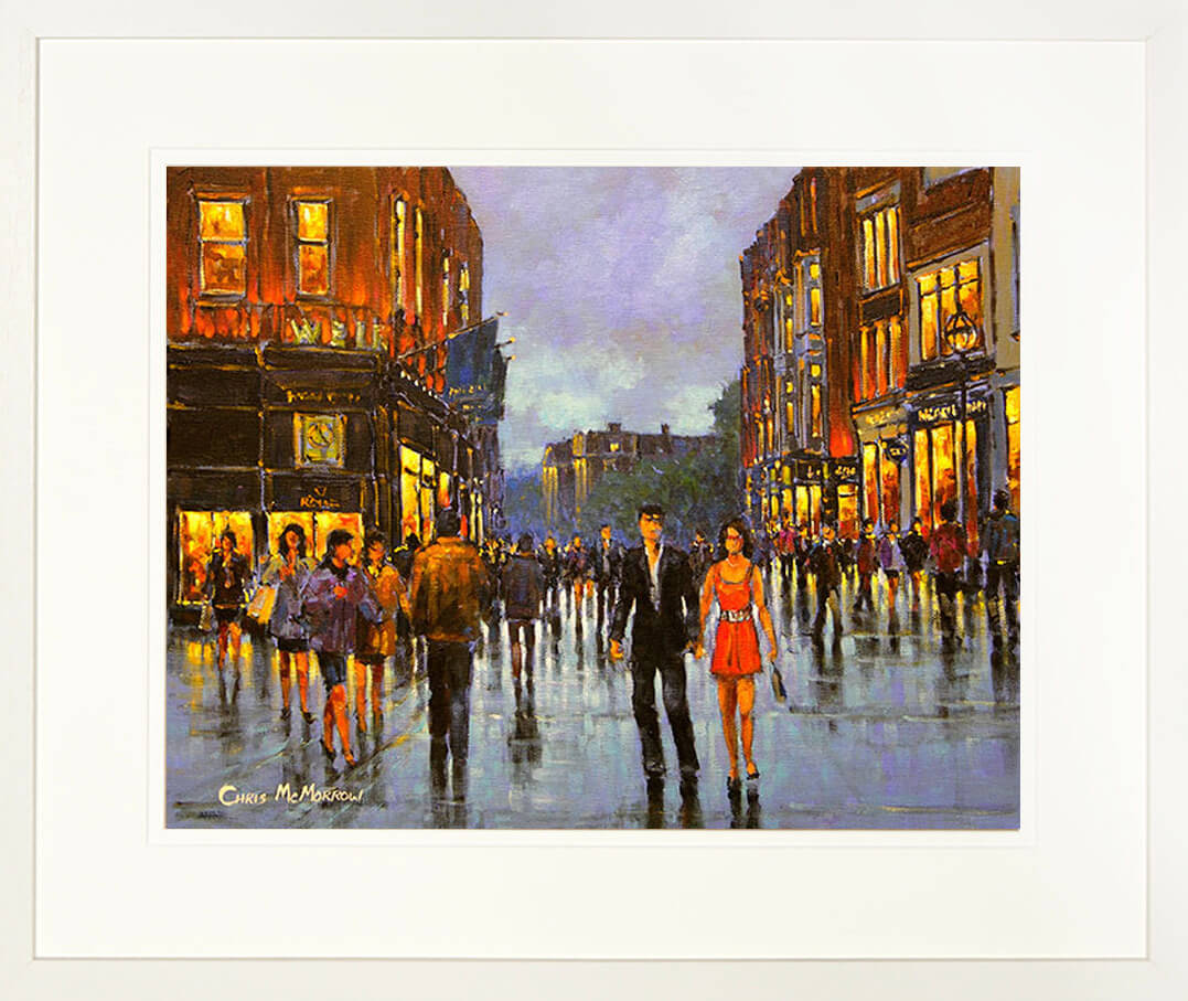 A framed print of a painting of two young people out for the evening in Dublin city