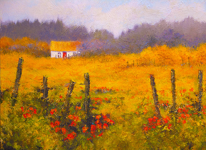 Painting of a cottage in a yellow landscape