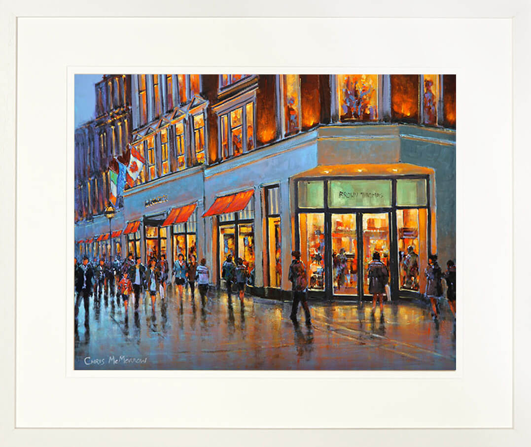 A framed print of a painting of shoppers passing this iconic department store on Dublin&#39;s Grafton Street