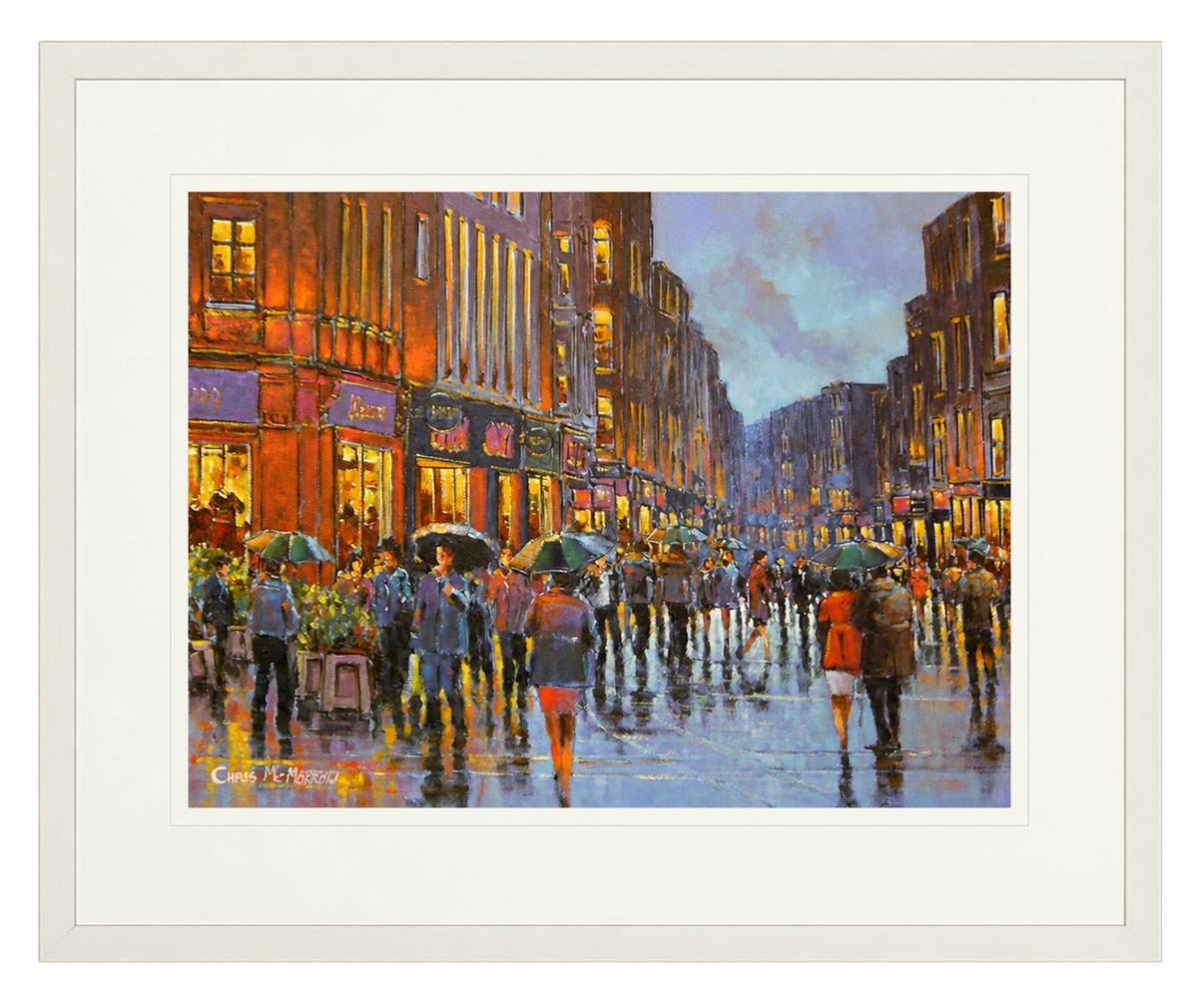 Framed print of Shopping in the Rain, Grafton Street, Dublin by Chris McMorrow