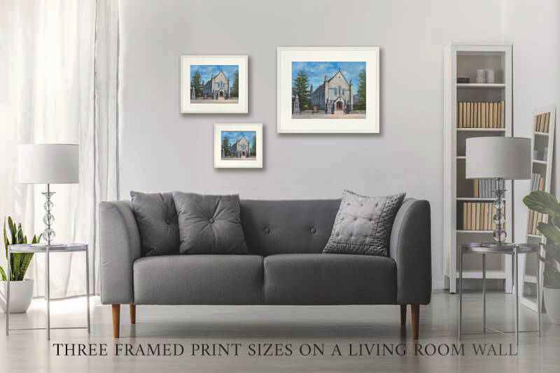 A picture of three different sized prints of the Honan Chapel on the grounds of University College Cork