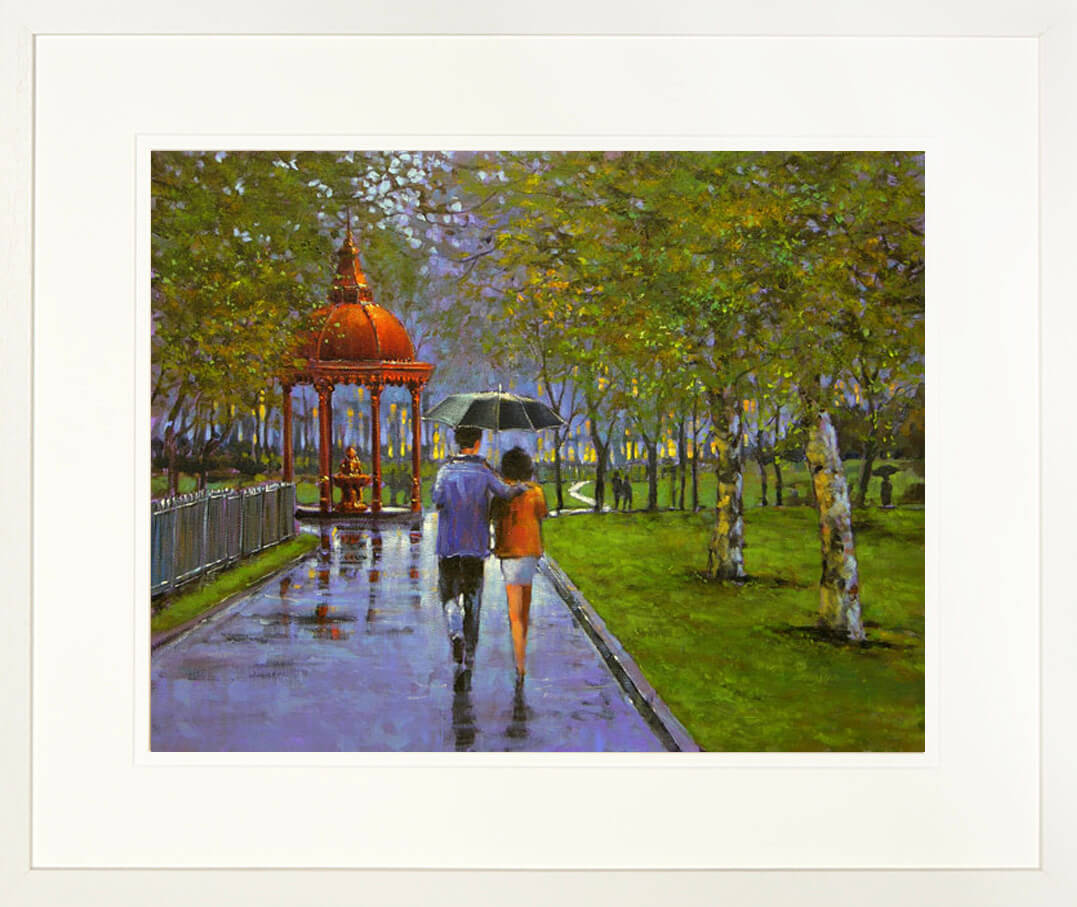 A framed print of a painting of two people walking among the greenery in the Peoples Park, Limerick city