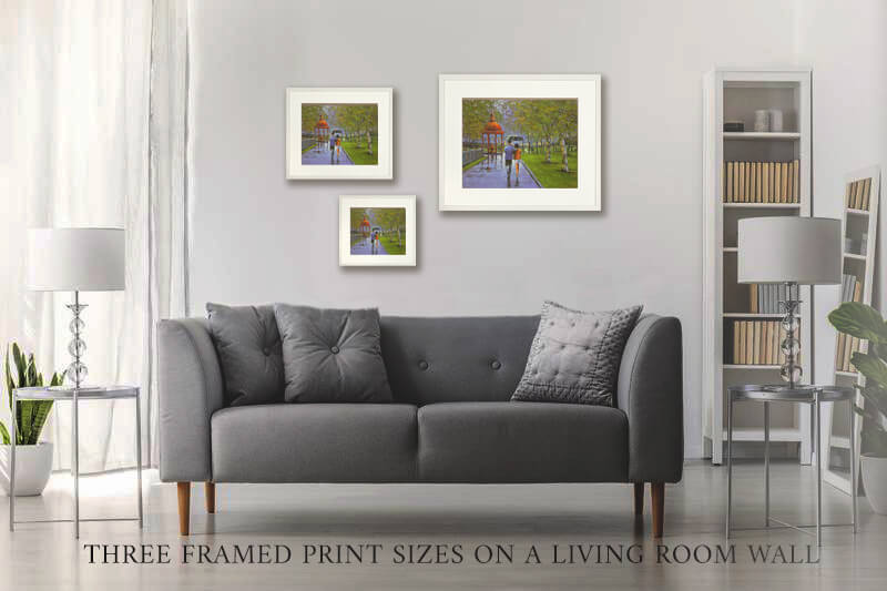 PHOTO OF THE THREE PRINT SIZES OF FRAMED PRINTS ON A LIVING ROOM WALL