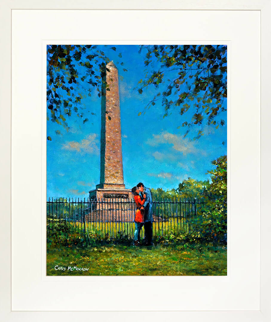 A print of a painting of a young couple in front of the Wellington Monument in the Phoenix PArk, Dublin