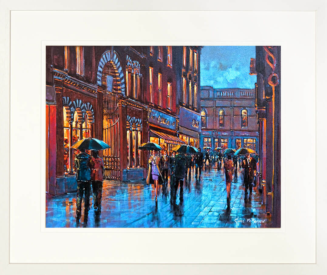 A framed print of a painting of a street entrance near the English Market in Cork city centre