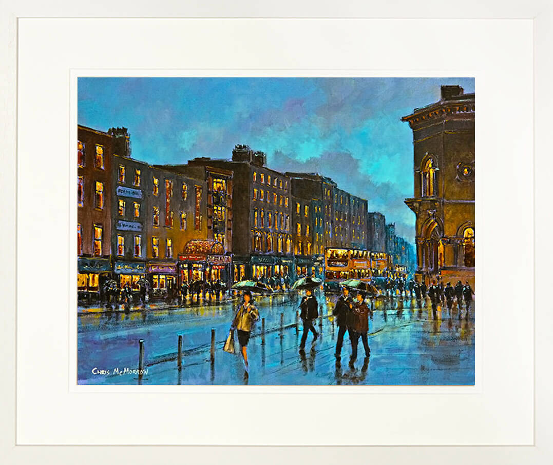 A framed print of a colourful painting of a busy bustling Dame Street in Dublin&#39;s city centre