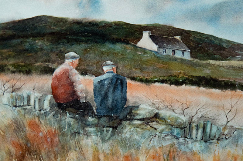 Watercolour painting of two men on a stone wall talking