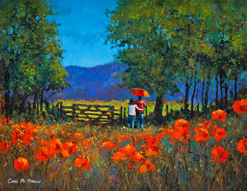 Painting of a couple under an umbrella in a field of poppies with mountain the background.
